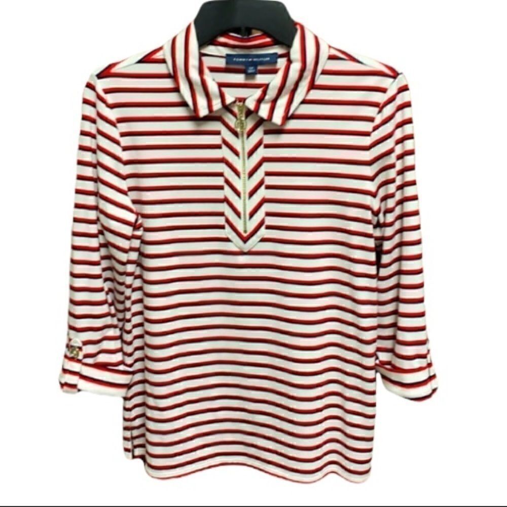 Tommy Hilfiger Red Stripe 3/4 Sleeve 3/4 Zip Top
